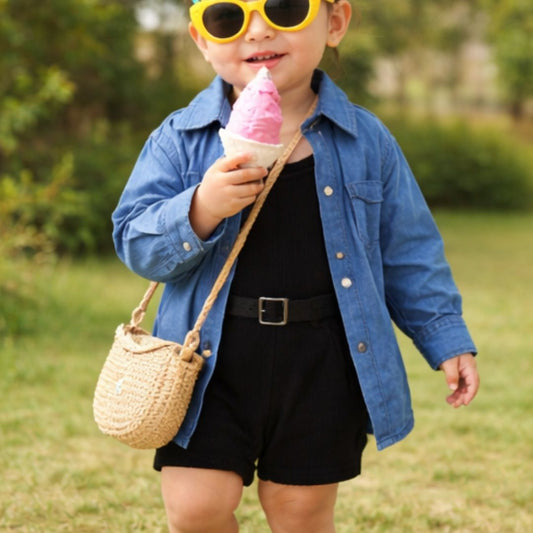 Baby Cotton 2-Piece Set, Blue Button-Down Shirt with Black Shorts, Casual Outfit