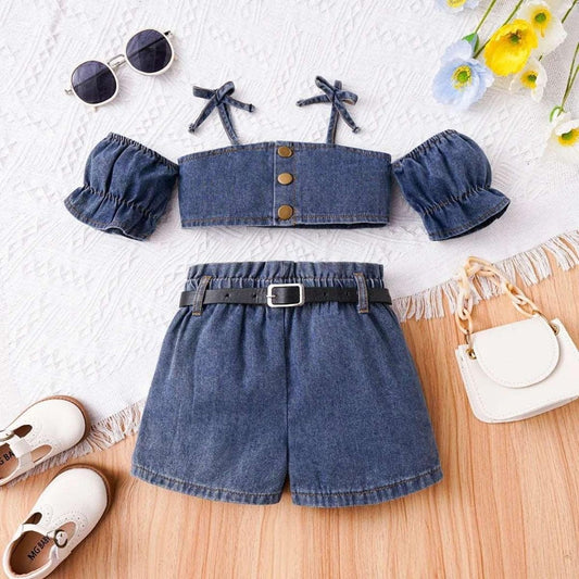 Girls' Denim Two-Piece Set, Off-Shoulder Crop Top with Elastic Shorts