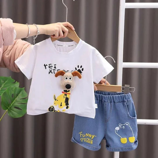 Kids Cartoon Dog Print T-Shirt and Denim Shorts Set, Casual Wear