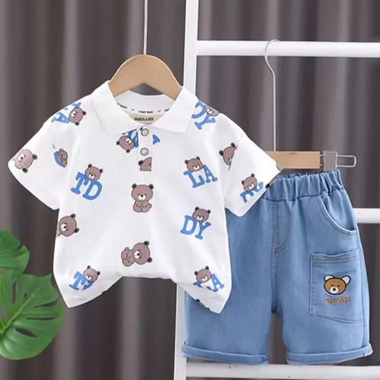 Baby Boys 2-Piece Outfit, Teddy Bear T-Shirt with Blue Denim Shorts Set