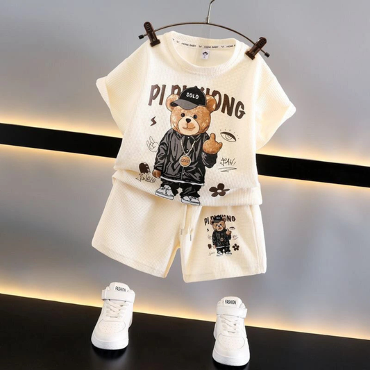 Kids Cotton Cartoon Print T-shirt and Shorts Set, Casual Wear