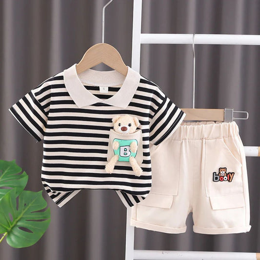 Baby Boy's Striped Polo T-Shirt and Shorts Set, Bear Applique Search this page