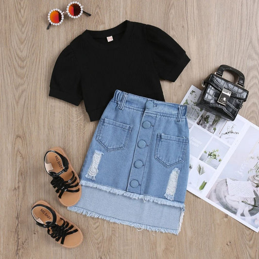 Girls Short Sleeves Top With Denim Skirt