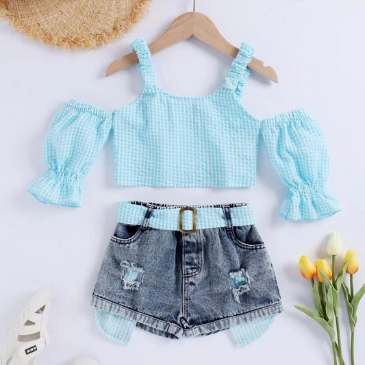 Girls' Cold Shoulder Gingham Crop Top and Denim Shorts Set, Distressed Style