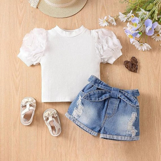 Girls' White Puff Sleeve Top and Light Blue Distressed Denim Shorts Set