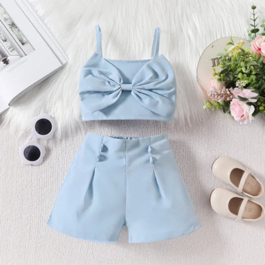 Blue Bow-Front Crop Top with Elastic Shorts