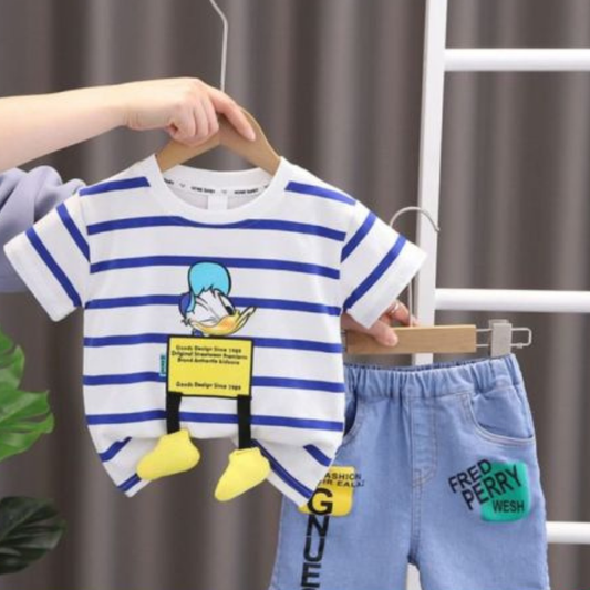 Kids Striped T-Shirt and Denim Shorts Set, Casual Wear
