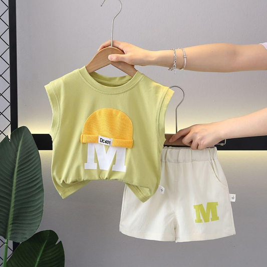 ToddlerSet,Sleeveless Top with M Logo and Shorts, Athletic Style