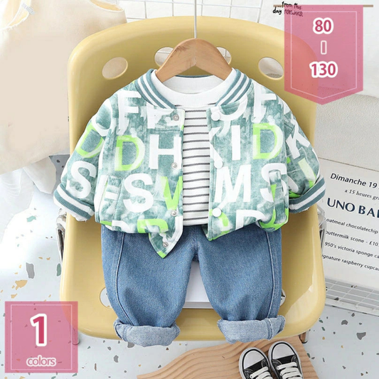 Baby Boy's 3-Piece Set, Letter Print Bomber Jacket, Striped T-shirt, Denim Jogger Pants, Green and Blue