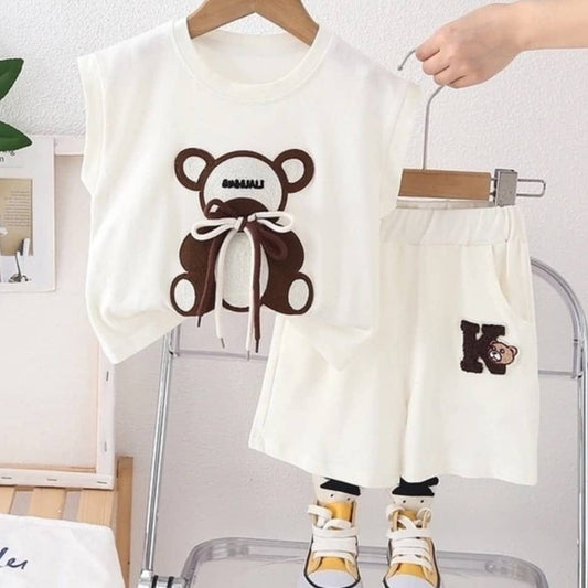 Toddler Bear Print Set, Cotton T-Shirt and Shorts, Casual Wear