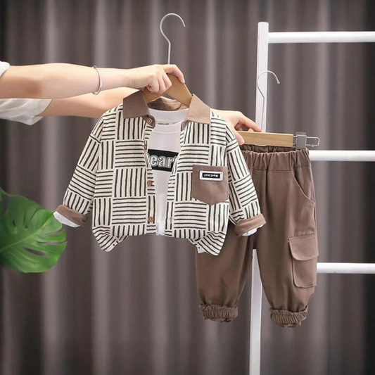 Baby Clothing Set with Geometric Pattern Jacket, White T-Shirt and Brown Trousers, 3-Piece