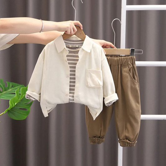 Baby Boy's 3-Piece Outfit Set, Striped Shirt with T-Shirt Khaki Pants