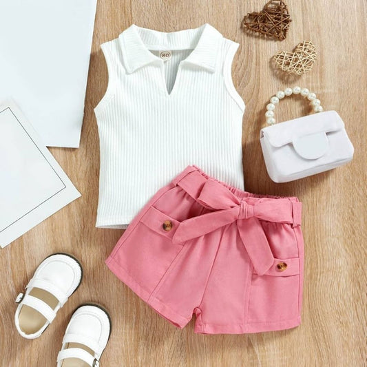 Girls Sleeveless White Top and Bow-Tie Shorts Set