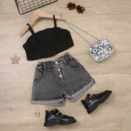 Girls Two-Piece Set, Black Ruffle Crop Top with Denim Shorts