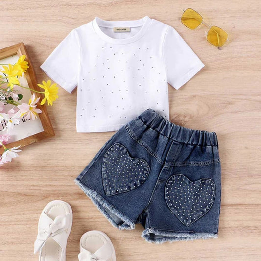 Girls White T-Shirt and Denim Shorts Set with Heart Pattern, Casual Outfit