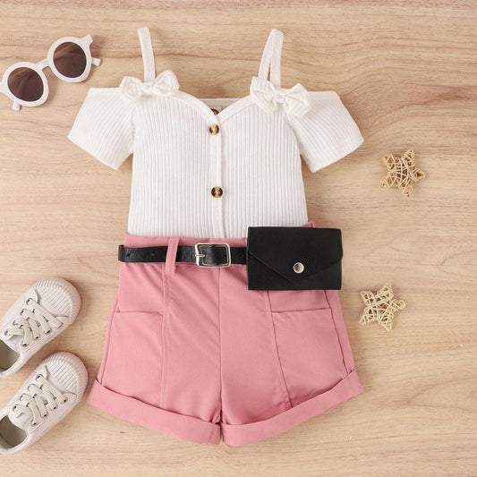 Kids Outfit Set, White Collared Shirt with Shorts and with Wallet Belt, 2-Piece