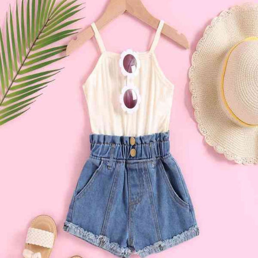 Girls' Tank Top and Denim Shorts Set, Elastic High Waist, Double Button Design