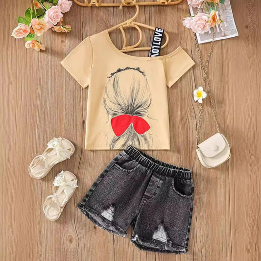 Girls Cold Shoulder Graphic T-shirt with Distressed Denim Shorts Set, Beige and Black