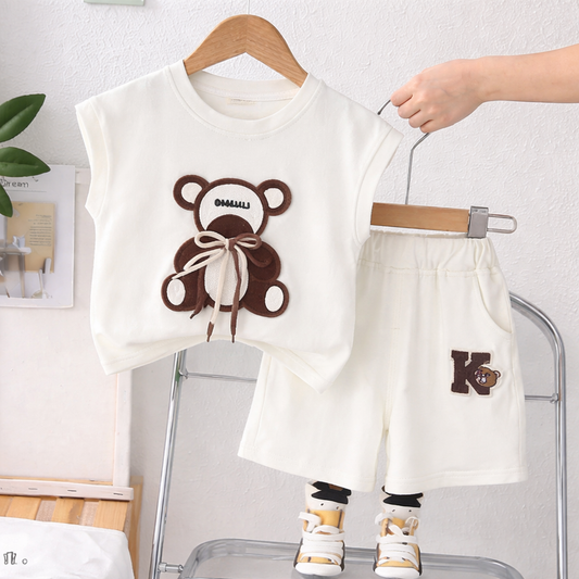 Toddler Bear Print Set, Cotton T-Shirt and Shorts, Casual Wear