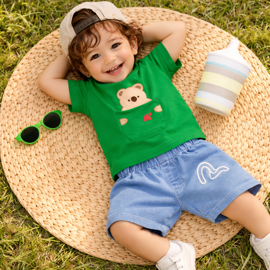 Baby Bear Print T-Shirt and Denim Shorts Set, Casual Outfit