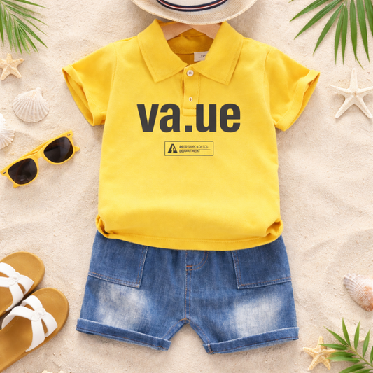 Kids Value Print T-Shirt with Denim Shorts Set, Cotton Blend, Casual Wear