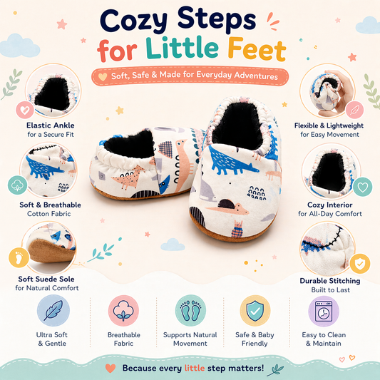 Baby Soft Sole Shoes, Dinosaur Print, Non-Slip Grip, White and Blue