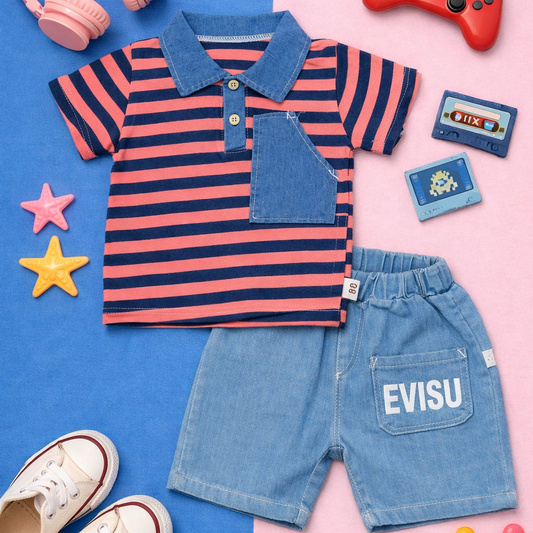 Baby Boy's Striped Polo T-Shirt and Denim Shorts Set, Casual Outfit