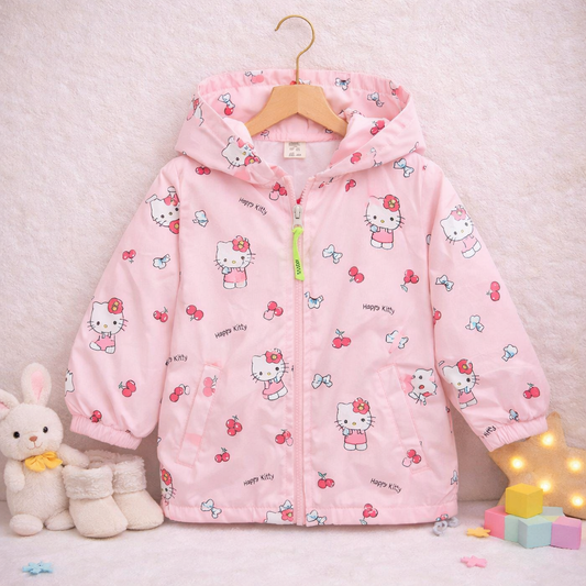 Full Sleeves Hooded Jacket Pink Happy Kitty  Print