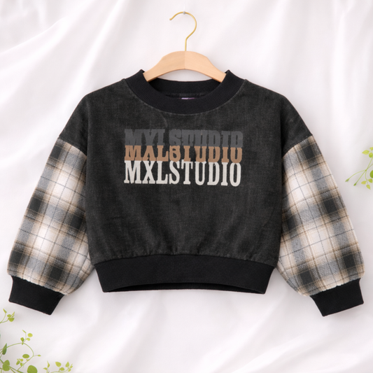 Heathered Sweatshirt, Plaid Sleeves, Crew Neck