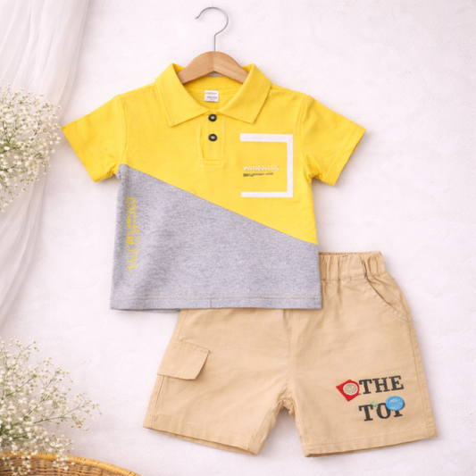 Kids Two-Tone Polo T-shirt with Shorts Set,Casual Wear