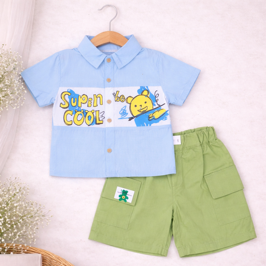 Kids Super Cool Graphic Print Cotton Shirt with Cargo Shorts Set