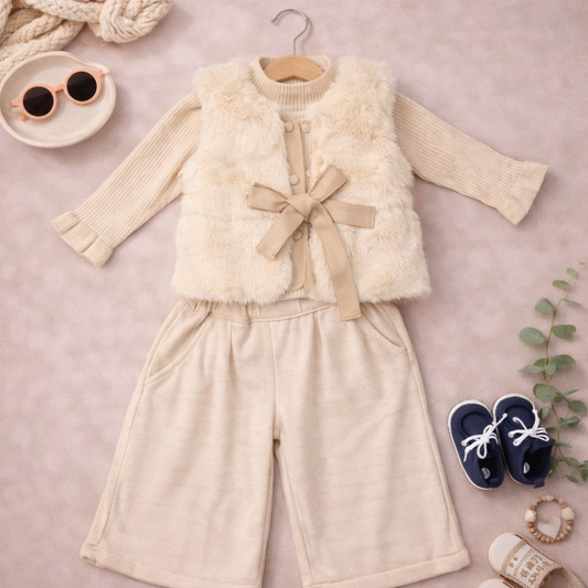 Toddler Girls Faux Fur Vest, Sleeveless Winter Waistcoat with Bow 3Pcs Set