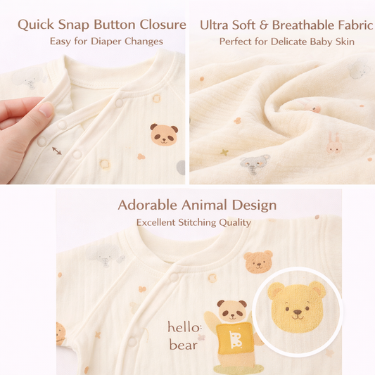 Baby Footed Sleepsuit, Cream with animal Print Pattern, Long Sleeve