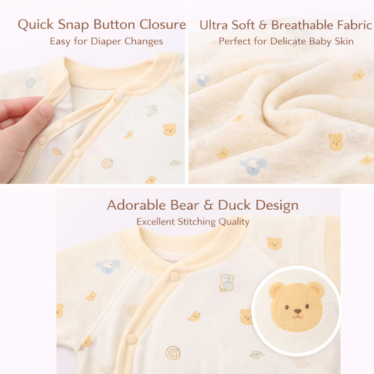Organic Cotton Baby Romper, Beige with Bear Design, Footed Sleepsuit