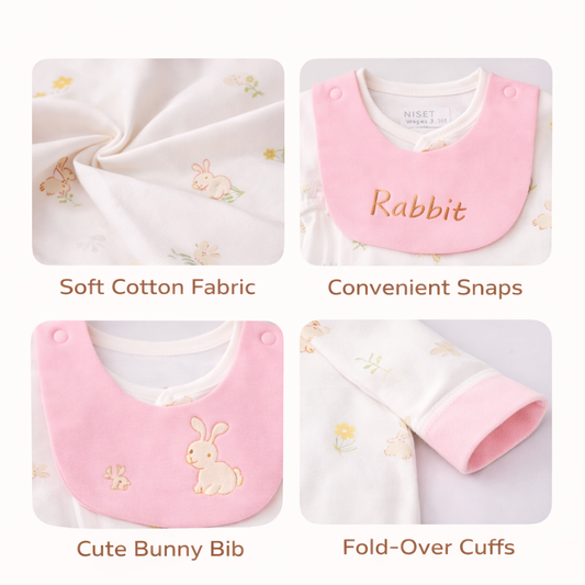 Baby Print Romper with Bib, Long Sleeve Cotton Sleepsuit, Pink and White, Animal Design