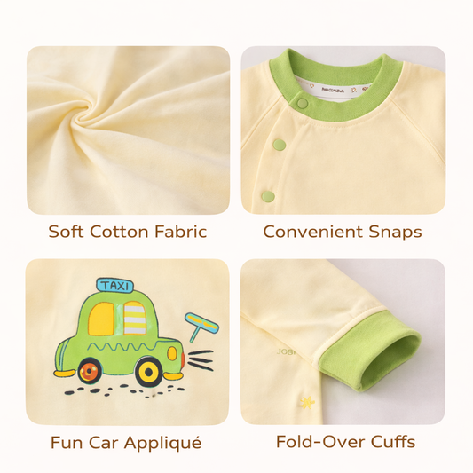 Baby Romper with Car Design, Cotton Blend, Light Yellow and Green, Long Sleeve