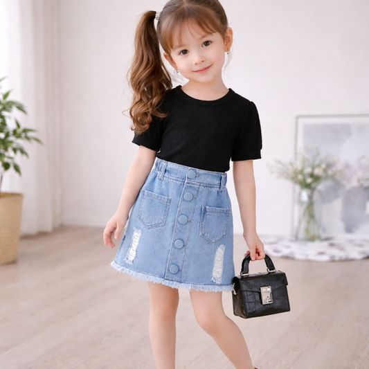 Girls Short Sleeves Top With Denim Skirt
