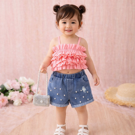 Denim Shorts with Pearl Embellishments and Ruffle Crop Top Set