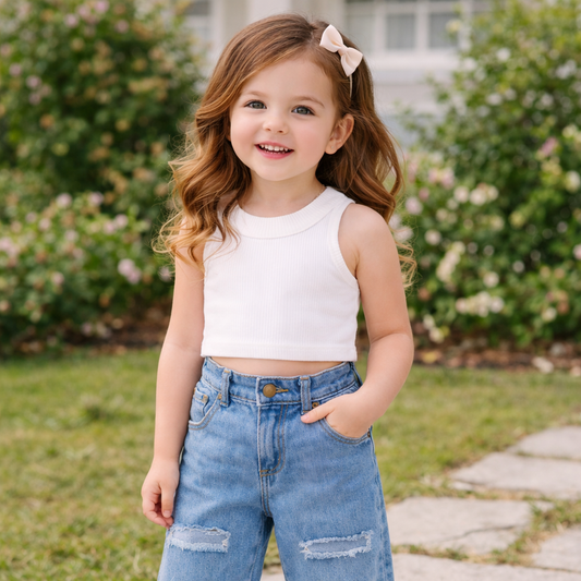 Sleeveless Crop Top and Distressed Denim Jeans Set