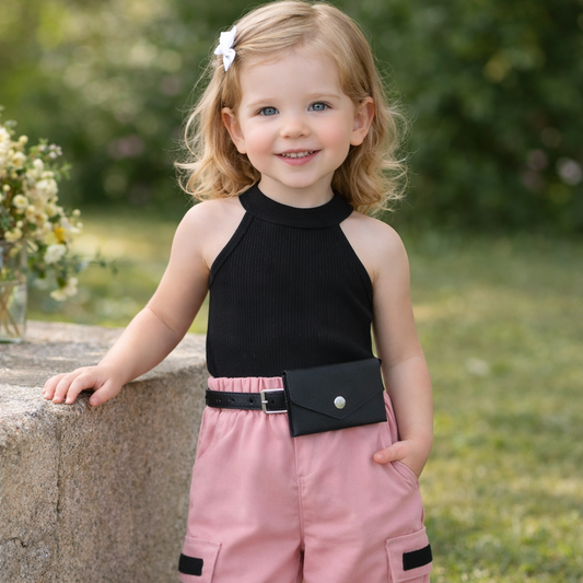 Black Crop Tank Top with Pink Cargo Jogger Pants Set, Casual 2-Piece Outfit