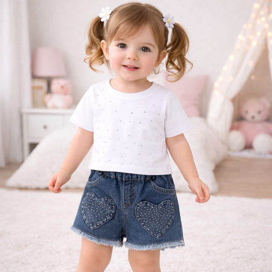 Girls White T-Shirt and Denim Shorts Set with Heart Pattern, Casual Outfit