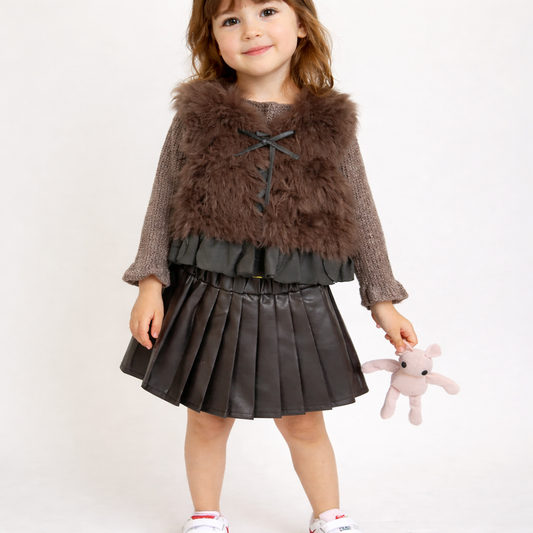 Girls Winter Knit Dress with Faux Fur Vest, Pleated Skirt and Belt