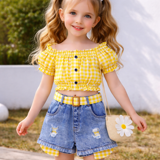 Girls' Yellow Gingham Crop Top and Distressed Denim Shorts Set, 2 Piece Outfit