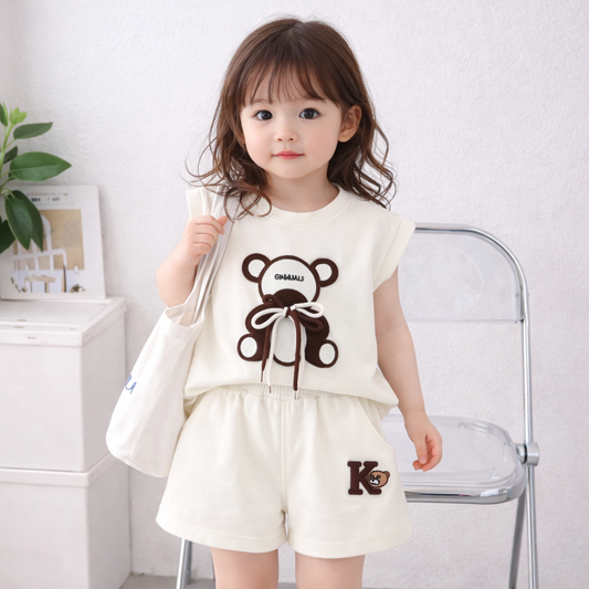 Toddler Bear Print Set, Cotton T-Shirt and Shorts, Casual Wear