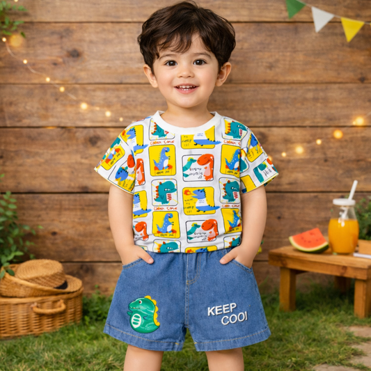Toddler Boys Dinosaur Print T-Shirt and Denim Shorts Set, Casual Outfit