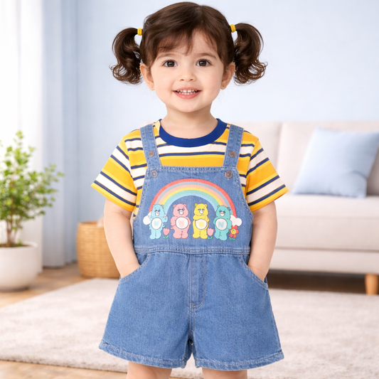 Toddler Denim Overalls with Rainbow Animal Design, Striped T-Shirt Set
