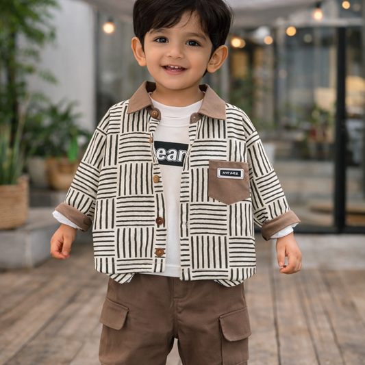 Baby Clothing Set with Geometric Pattern Jacket, White T-Shirt and Brown Trousers, 3-Piece