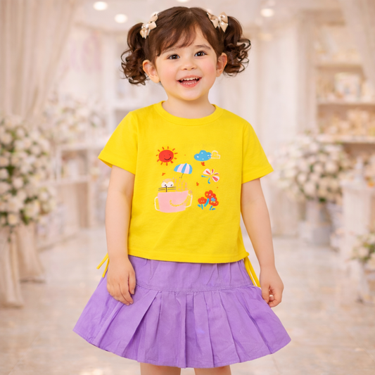 Toddler Girls T-Shirt with Printed Design and Pleated Skirt