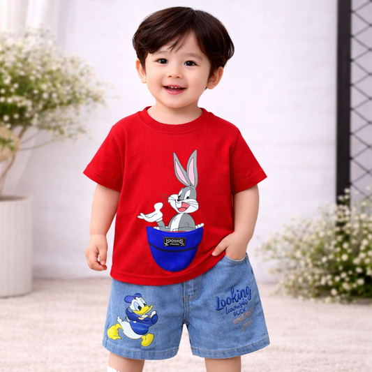 Baby Cartoon Character T-Shirt and Denim Shorts Set, Casual Outfit