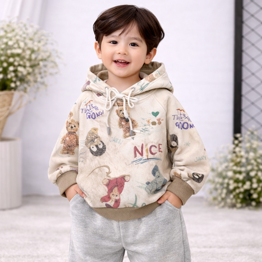 Kids Dinosaur Print Hooded Sweatshirt, Cream Colour, Long Sleeve Pullover